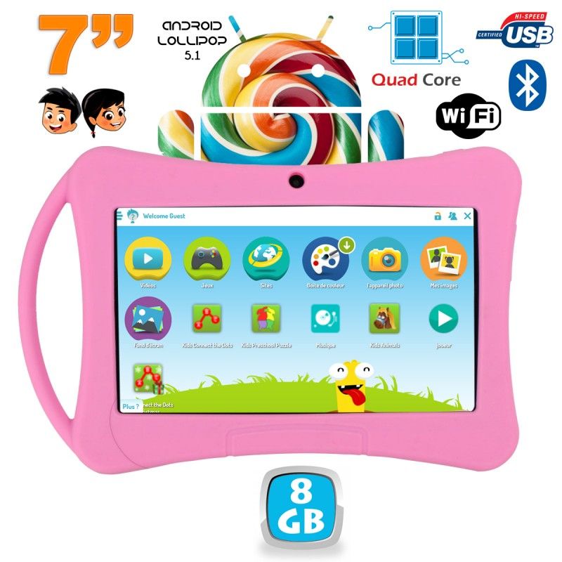 Tablette enfant 7 pouces Android 5.1 Bluetooth Quad Core 8Go Rose